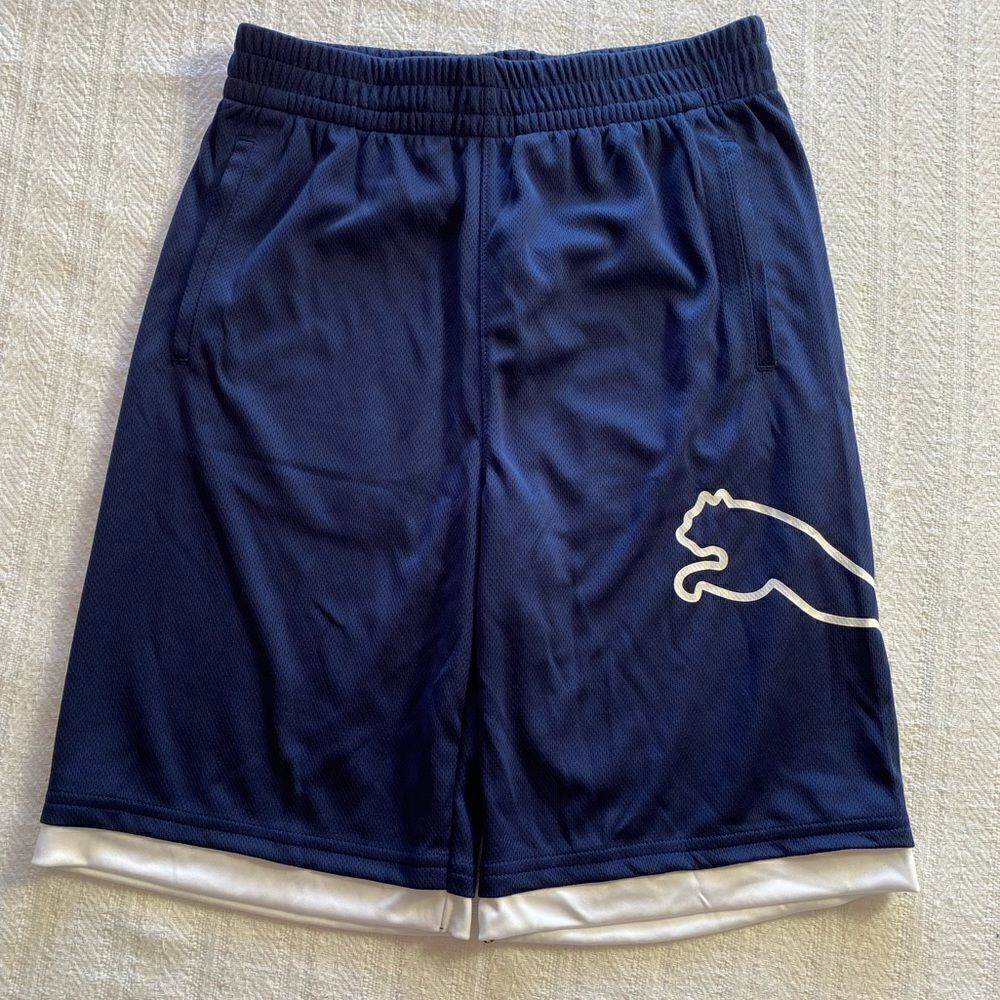 PUMA Boys Graphic Wrap Logo Mesh Blue Shorts with white Trim
